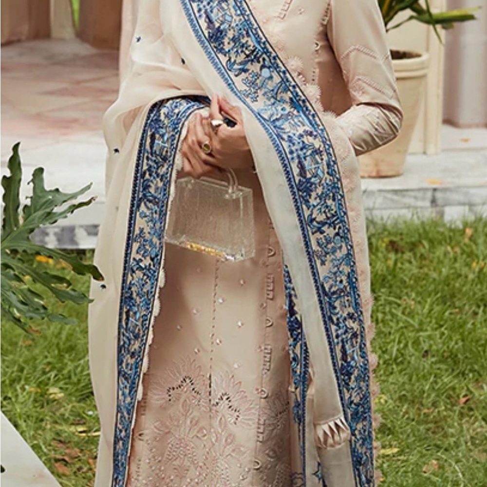 Elegant Cream and Blue Embroidered Dress